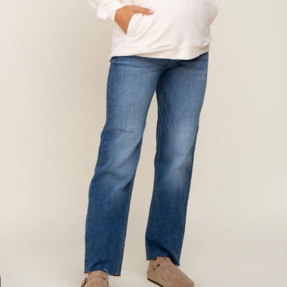 Navy Blue Raw Hem Straight Maternity Jeans